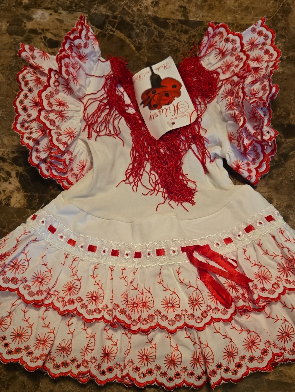 Traditional Infant Girls SPANISH FLAMENCO DRESS NWT White, Red Trim Size 0